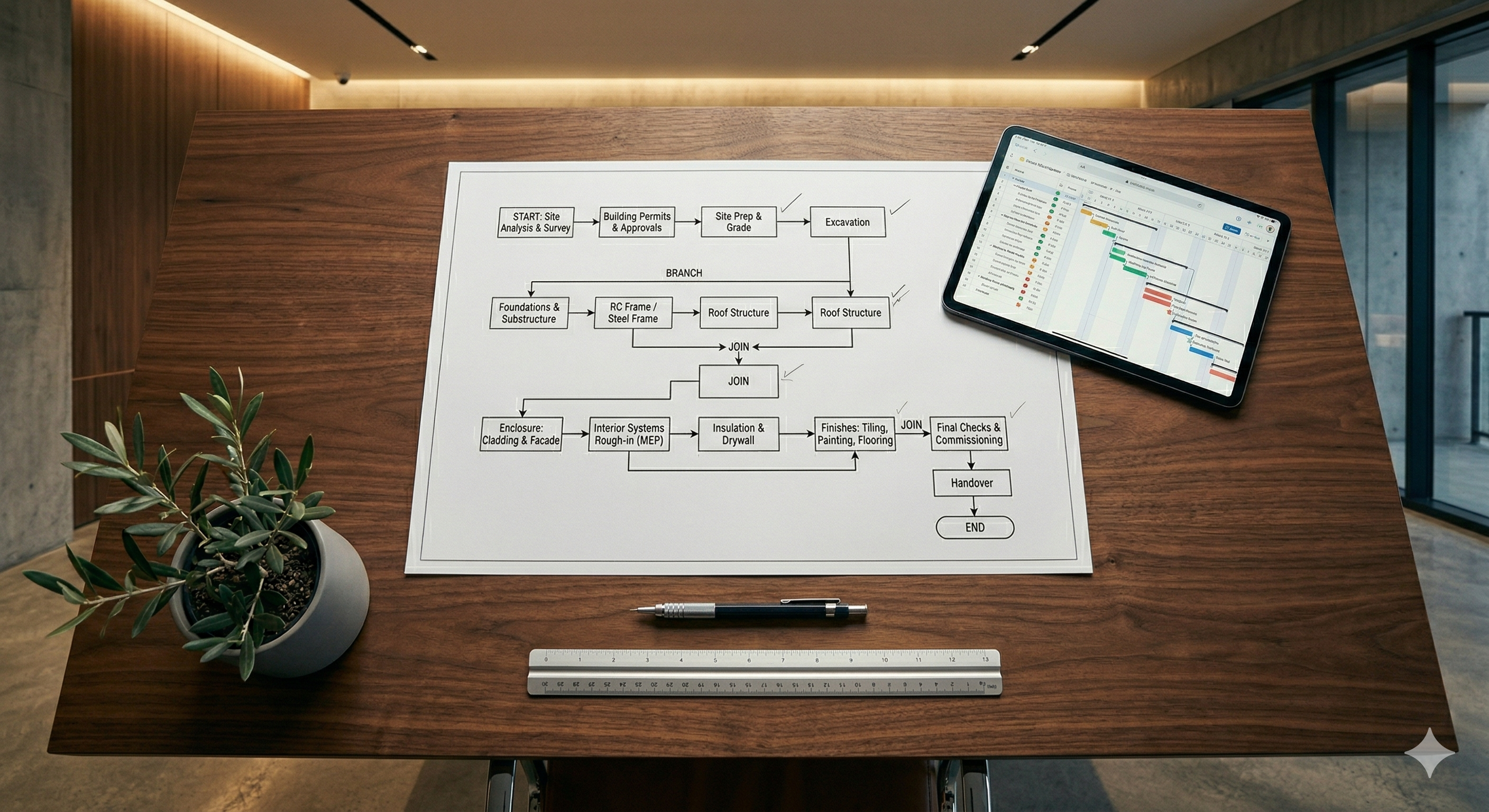 Organized construction documents and project planning on walnut table